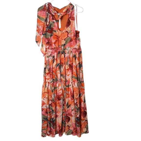 NICOLE MILLER  floral sleeveless halter dress, XL, sheer,chiffon,lined,tiered. - Picture 13 of 15